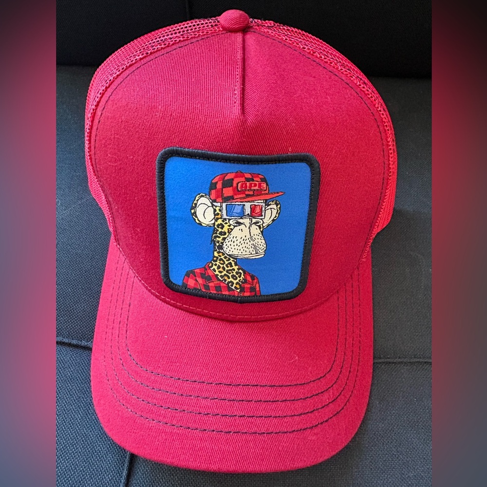 Red Trucker Hat with Cartoon Ape Patch